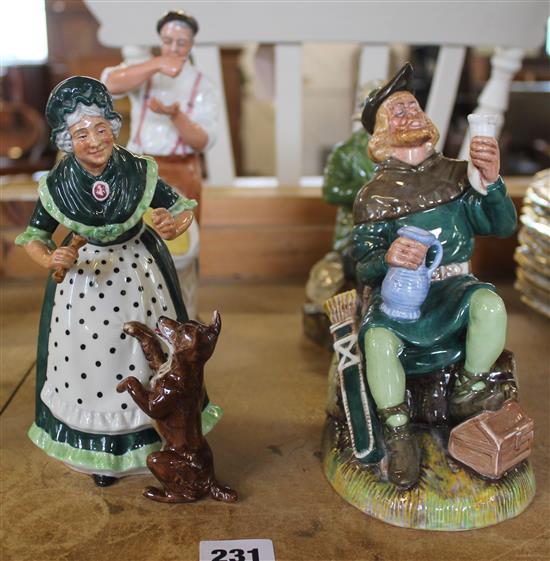 4 Doulton figures, farmer, good catch, old mother hubbard and robin hood